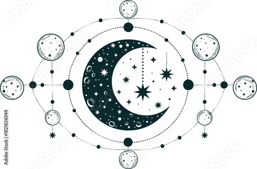 Mystical celestial moon and planets with orbiting stars in cosmic geometric design perfect for astrology spiritual artwork and boho illustration