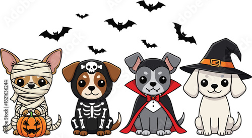 Cute Halloween dogs dressed as mummy skeleton vampire and witch surrounded by flying bats in festive cartoon spooky holiday illustration