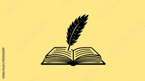 Minimalist Quill Pen and Open Book Icon on Yellow. Classic Symbol of Education, Literature, Writing, Storytelling, and Knowledge.