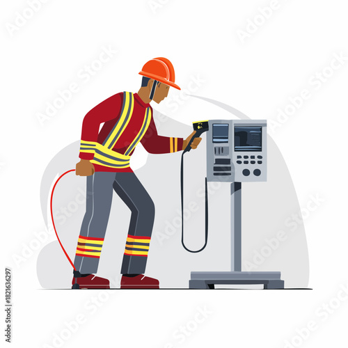 Firefighter in protective gear operates monitoring equipment at emergency scene, ensuring safety and assessing environmental hazards with focused determination.