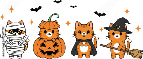 Cute Halloween cats dressed in mummy, pumpkin, vampire, and witch costumes with bats and stars creating festive spooky holiday atmosphere
