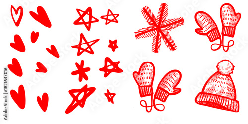 A collection of red hand-drawn winter holiday icons, including hearts, stars, a snowflake, mittens, and a pom-pom hat.