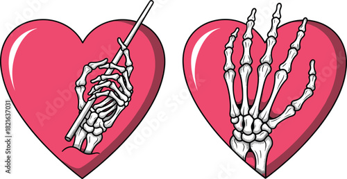 Skeleton hands interacting with bright pink hearts in bold tattoo style design symbolizing love mortality contrast for modern graphic artwork