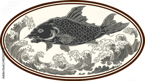 Dynamic vintage style illustration of a powerful carp fish jumping amidst crashing ocean waves in an ornate oval frame.