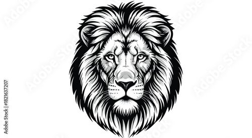 Majestic Lion Head Portrait Showcasing Power and Nobility in Striking Black and White Detail, Perfect for Symbolizing Strength, Courage, and Leadership in Business, Branding, Mascot Design, Tattoos, o