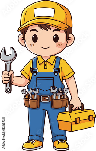 Cartoon Handyman Ready for Repairs: Friendly young tradesman in overalls holding wrench & toolbox, perfect for construction, maintenance, or home services advertising. Cheerful, professional mascot ch