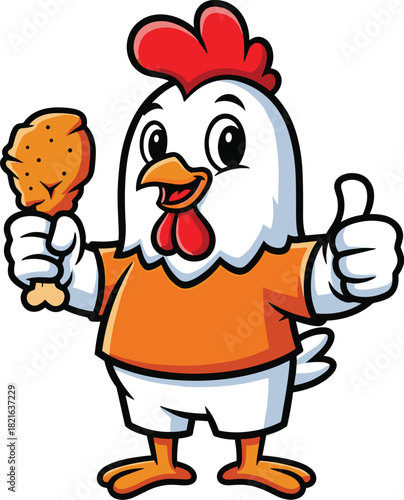 Cartoon Chicken Mascot Holding Fried Chicken Giving a Thumbs Up of Approval on White Background for Restaurant Marketing Design Illustration, Concept for Fast Food Advertising, Food Service Presentati