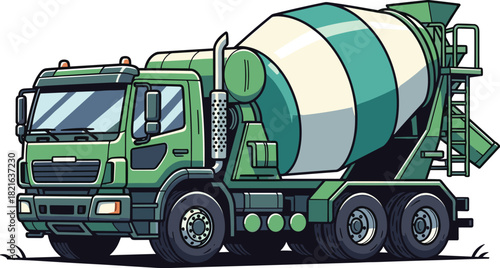 Green Cement Truck Cartoon Delivering Construction Materials, Modern Engineering Vehicle Illustration on White Background for Building Projects, Logistics & Transport, Ideal for Educational Use, Prese