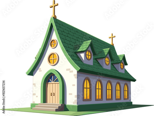Stylized Church Building Illustration Offering Spiritual Sanctuary in a Tranquil Setting, Perfect for Religious Education Materials and Community Outreach Programs, Cartoon Aesthetic Design with Seren