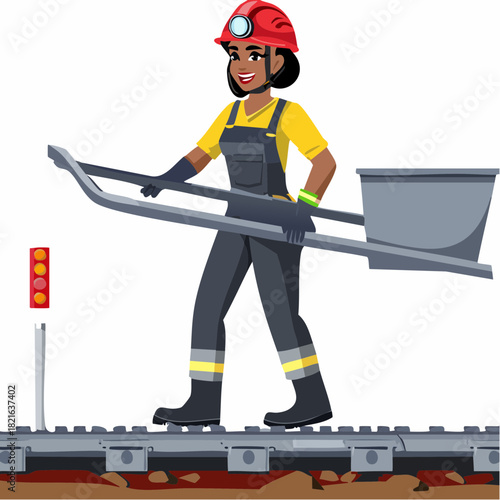 Smiling female miner carrying mining equipment walks along conveyor belt in underground mine, showcasing hard work and dedication.