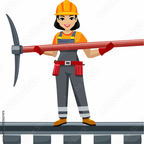 Smiling female construction worker holding pickaxe on railroad tracks, showcasing strength and determination in a challenging industrial environment.