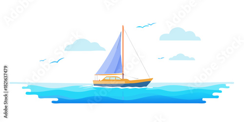 A sailboat with blue sails on blue water with clouds and birds