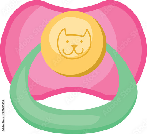 A pink and green pacifier with a cat on it