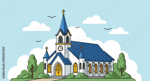 Iconic Church Building Standing Serenely Against a Light Blue Sky Backdrop, Symbolizing Faith, Community, and Heritage in a Peaceful Environment with Lush Greenery and Soaring Birds, Ideal for Religio
