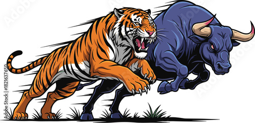 Charging Tiger and Bull Confrontation: Dynamic Wildlife Clash in Nature, Symbolizing Strength and Competition for Business, Finance, and Sport Ventures with Vibrant Colors and Bold Graphic Style (Mark
