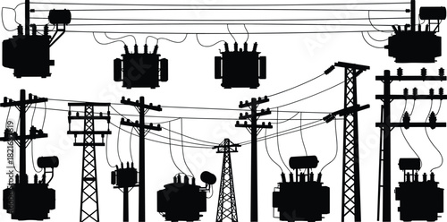 High-voltage electrical transformers and utility power poles silhouette illustration showing distribution lines, grid infrastructure, energy transmission, and industrial equipment.