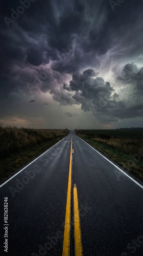 Long straight road under a dramatic stormy sky with dark clouds