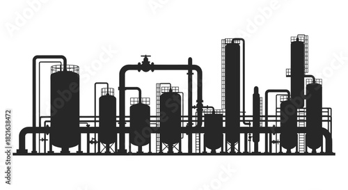 Industrial complex with towers pipes and city buildings a dark silhouette