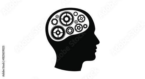A human head outline filled with gears representing thought processes silhouette