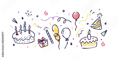 Birthday doodles with cakes balloons and party hat