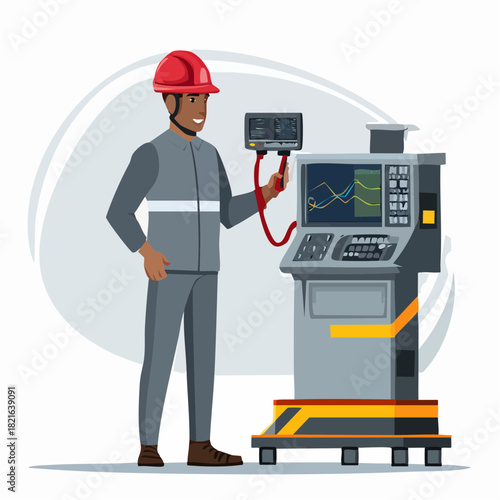 Smiling factory worker operating machinery in modern plant, carefully monitoring digital display for optimal performance and efficiency.