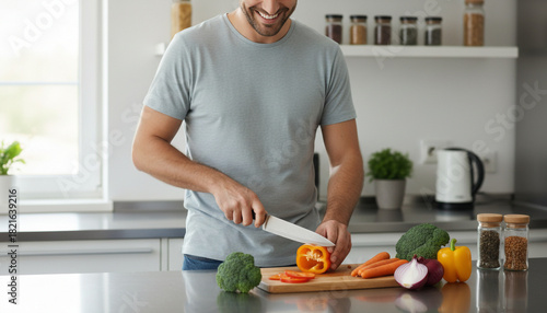Man preparing healthy food in his kitchen surrounded by vegetables