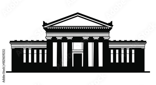 Classic neoclassical building facade with columns a striking black and white silhouette