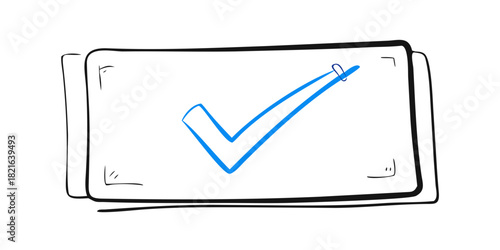 Blue check mark on a whiteboard doodle hand drawn