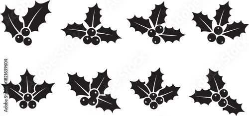 classic black and white silhouette set  of a holly sprig with berries for merry christmas holiday, minimal festive icon, solid black silhouette,  Clean & simple holly leaves decorations, 