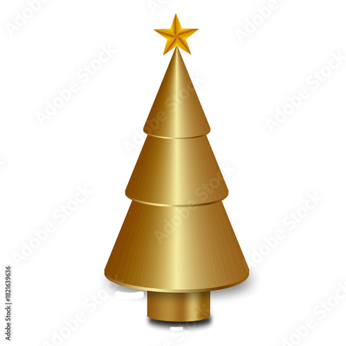 Stylized three-tiered golden Christmas tree with a metallic gradient and a shiny star topper.