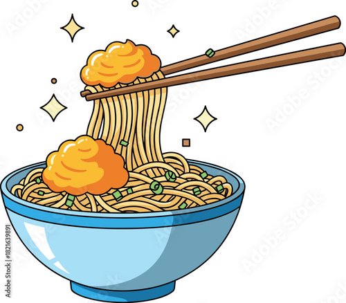 Delicious Noodles Being Served with Chopsticks: Traditional Asian Cuisine in a Blue Bowl, Representing Culinary Arts and Food Culture for Restaurant Marketing and Modern Food Presentation (Detailed Li