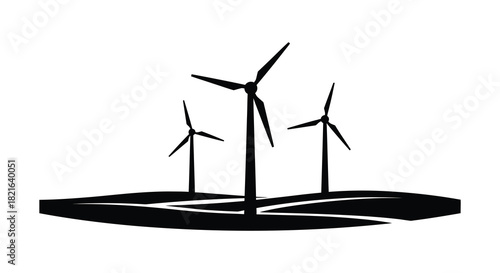 Wind turbines on a hill stark black and white design silhouette