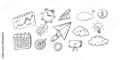 Business doodle icons with transparent background hand drawn