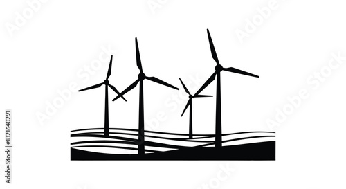 Wind turbines atop rolling hills a striking black and white silhouette