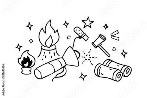 Campfire with marshmallows and flashlight doodle camping