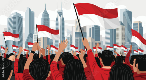 Patriotic Crowd Waving Indonesian Flags in Urban Cityscape Celebrating National Independence Day with Red and White Colors, Demonstrating Unity and Freedom in a Modern Metropolis for Marketing and Pre