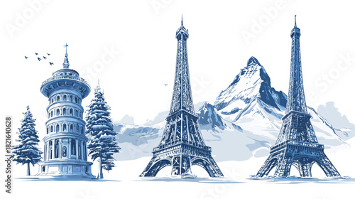 Blue ink drawing of iconic architectural towers, oriental building, and majestic mountains in a vintage global travel style.