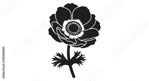 A black floral illustration depicting an anemone flower bold silhouette