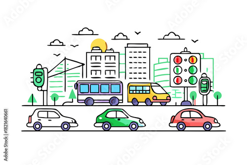 Cartoon city traffic with buses and cars buildings