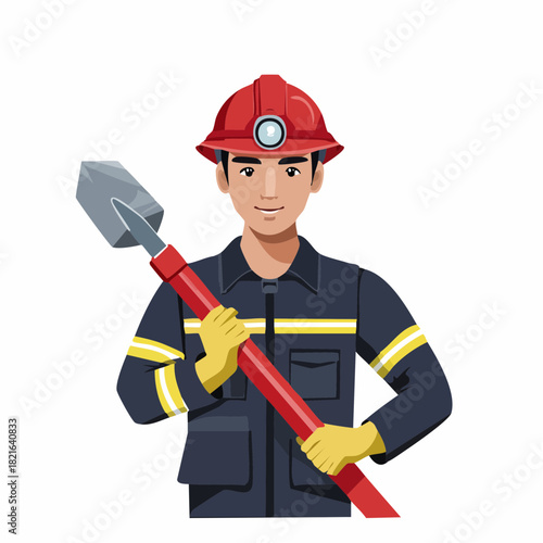 Smiling firefighter holding shovel stands confidently in front of fire station ready for action, showcasing bravery and dedication to community safety.