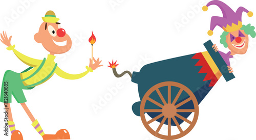 A cartoon of a clown and a man holding a match