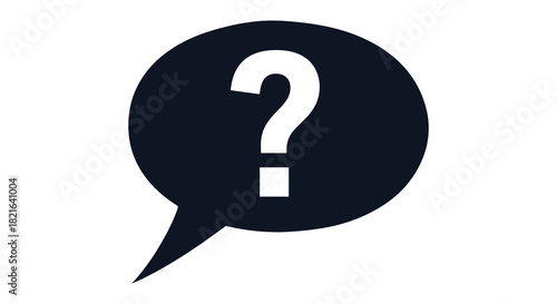 A black speech bubble contains a white question mark visually striking silhouette
