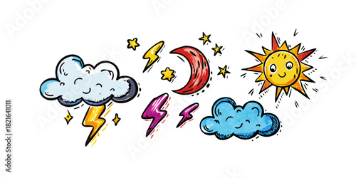 Cartoon weather icons sun moon clouds lightning stars