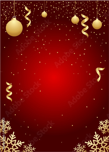 Festive gold holiday decorations with hanging baubles, falling confetti, swirling ribbons, and snowflakes.