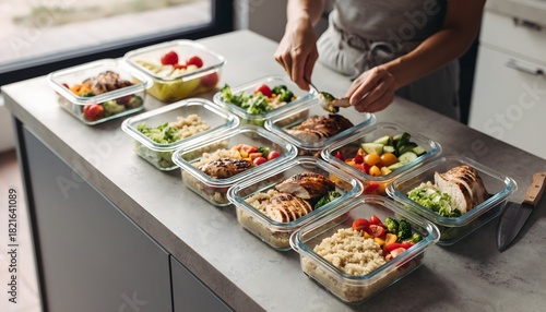 Hands filling nutritious meal prep containers with grilled chicken high resolution photo