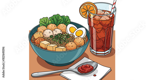 Delicious Noodle Bowl with Meatballs and Tofu Next to Refreshing Iced Tea: Enjoying Asian Cuisine in a Casual Setting, Perfect for Food Blogs, Restaurant Menus, and Culinary Presentations, Featuring V