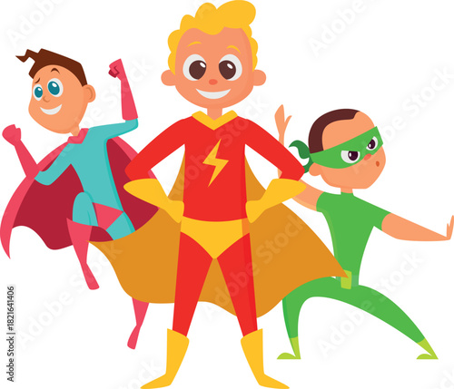 Three children dressed as superheroes are standing together