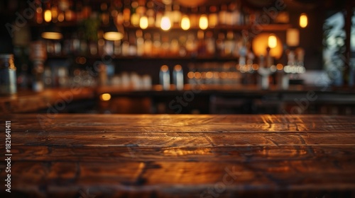 Warm, inviting bar scene with rustic wooden table in foreground, blurred amber-lit bottles and glasses creating atmospheric background ambiance