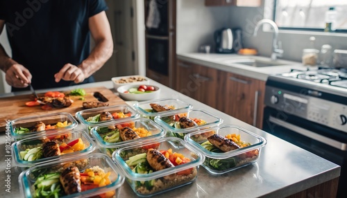 Healthy grilled meat vegetables organized in meal prep high resolution photo