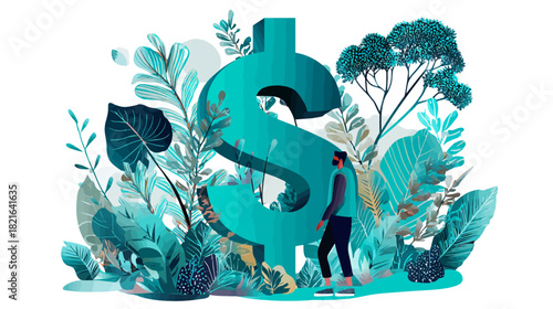 Virtual Finance & Sustainable Investment: VR User with Dollar Sign Amidst Lush Nature and Green Growth